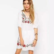 Women Fashion Casual Boho Cotton Floral Embroidery V-Neck Short-Sleeve Loose Dress