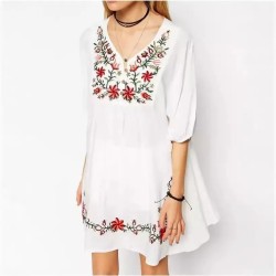 Women Fashion Casual Boho Cotton Floral Embroidery V-Neck Short-Sleeve Loose Dress