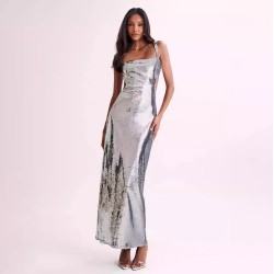 Women Fashion Sexy Solid Color Sequins Sleeveless Backless Slim Fit Dress