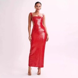 Women Fashion Sexy Solid Color Sequins Sleeveless Backless Slim Fit Dress