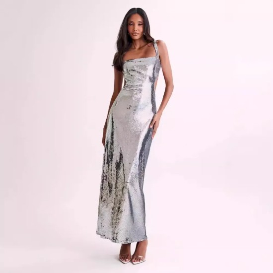 Women Fashion Sexy Solid Color Sequins Sleeveless Backless Slim Fit Dress