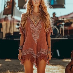 Women Fashion Casual Boho Printed V-Neck Short-Sleeve Loose Tassel Dress