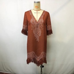 Women Fashion Casual Boho Printed V-Neck Short-Sleeve Loose Tassel Dress