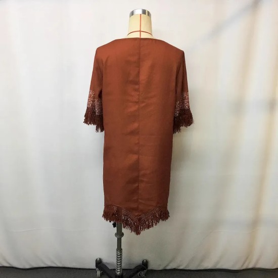 Women Fashion Casual Boho Printed V-Neck Short-Sleeve Loose Tassel Dress