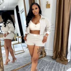 Women Fashion Casual Stripe Lapel Long Sleeve Blouse Loose Shorts Two-Piece Set