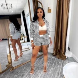 Women Fashion Casual Stripe Lapel Long Sleeve Blouse Loose Shorts Two-Piece Set