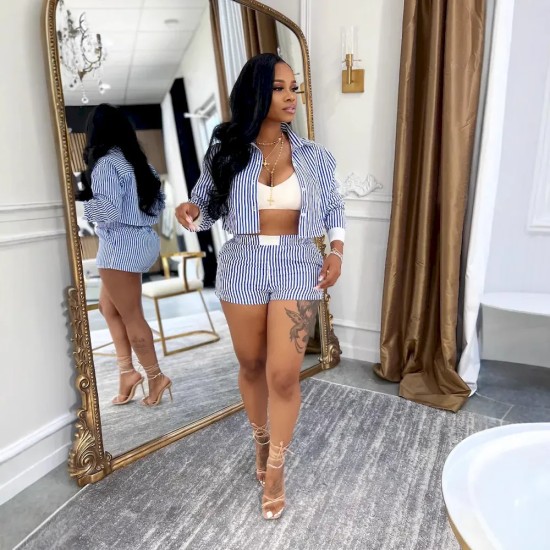 Women Fashion Casual Stripe Lapel Long Sleeve Blouse Loose Shorts Two-Piece Set