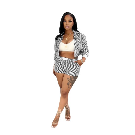 Women Fashion Casual Stripe Lapel Long Sleeve Blouse Loose Shorts Two-Piece Set