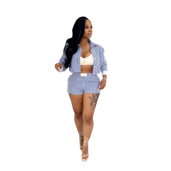 Women Fashion Casual Stripe Lapel Long Sleeve Blouse Loose Shorts Two-Piece Set