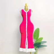 Women Fashion Casual Contrast Color Knitted V-Neck Sleeveless Single-Breasted Dress