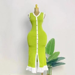 Women Fashion Casual Contrast Color Knitted V-Neck Sleeveless Single-Breasted Dress