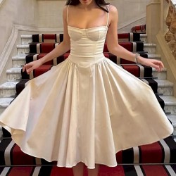 Women Fashion Sexy Solid Color V-Neck Spaghetti Strap Backless Dress