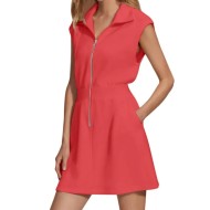 Women Fashion Casual Solid Color Lapel Zipper Pocket Sleeveless Dress