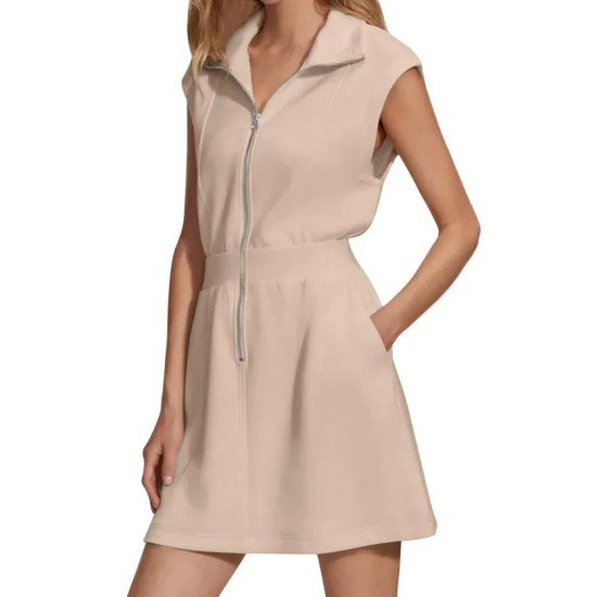 Women Fashion Casual Solid Color Lapel Zipper Pocket Sleeveless Dress