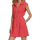 Women Fashion Casual Solid Color Lapel Zipper Pocket Sleeveless Dress