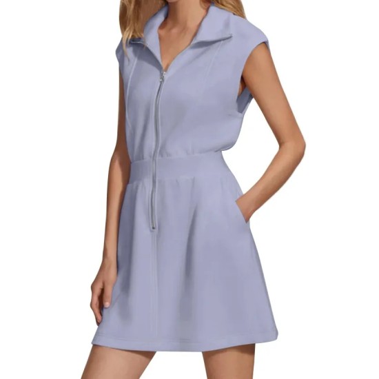 Women Fashion Casual Solid Color Lapel Zipper Pocket Sleeveless Dress