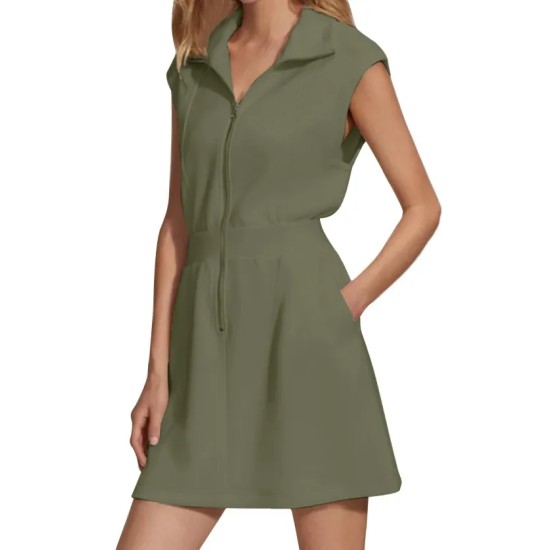 Women Fashion Casual Solid Color Lapel Zipper Pocket Sleeveless Dress