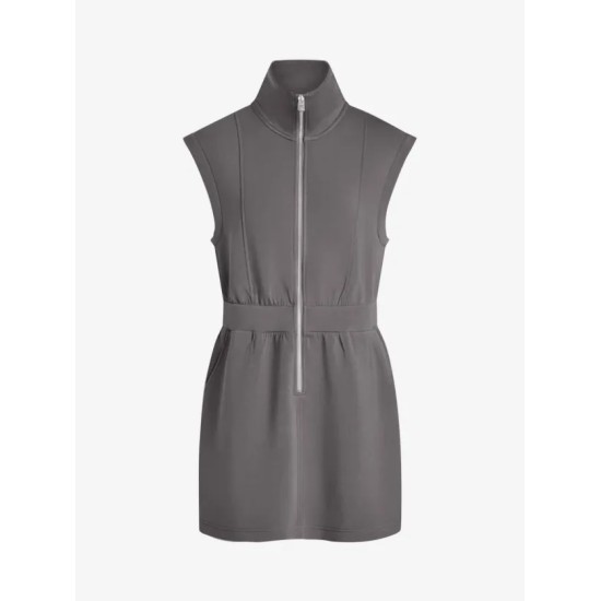 Women Fashion Casual Solid Color Lapel Zipper Pocket Sleeveless Dress