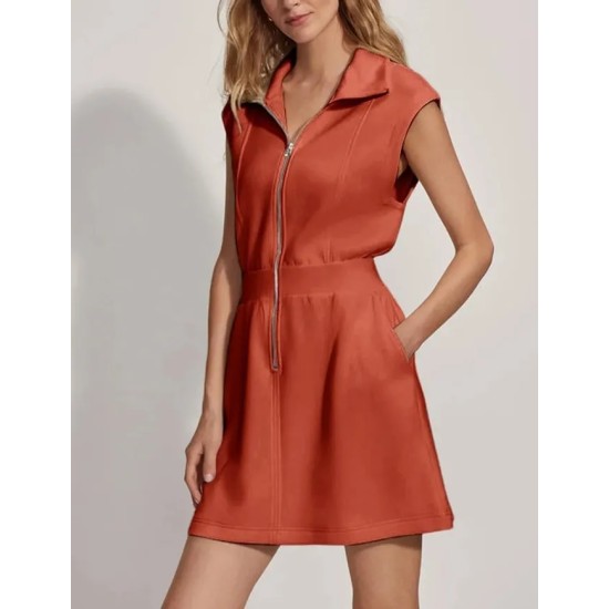 Women Fashion Casual Solid Color Lapel Zipper Pocket Sleeveless Dress