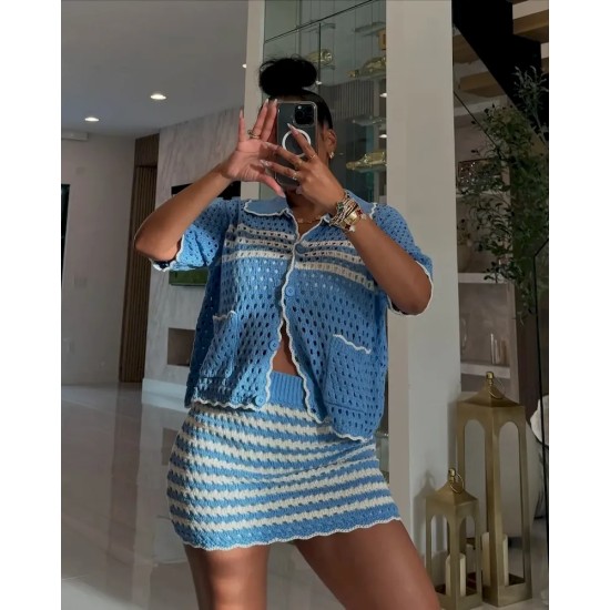 Women Fashion Casual Color Block Knitted Hollow-Out Lapel Short-Sleeve Top Loose Skirts Two-Piece Set