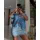 Women Fashion Casual Color Block Knitted Hollow-Out Lapel Short-Sleeve Top Loose Skirts Two-Piece Set
