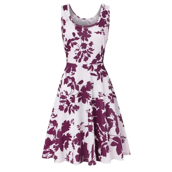 Women Fashion Casual Printed Round Neck Sleeveless Loose Dress