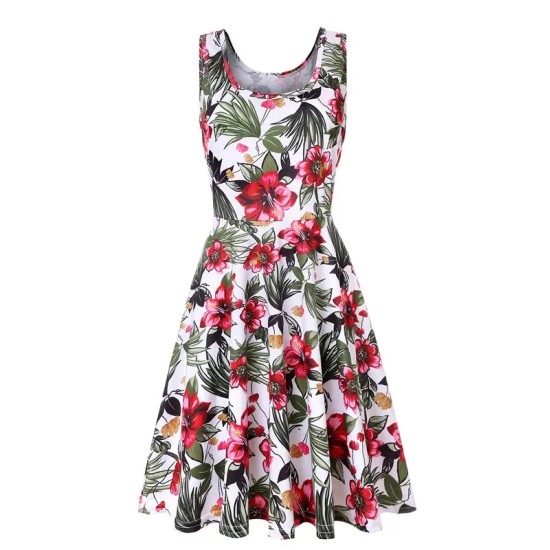 Women Fashion Casual Printed Round Neck Sleeveless Loose Dress