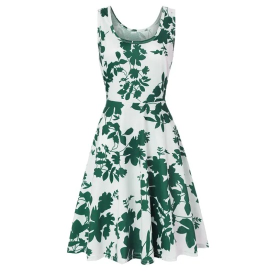 Women Fashion Casual Printed Round Neck Sleeveless Loose Dress