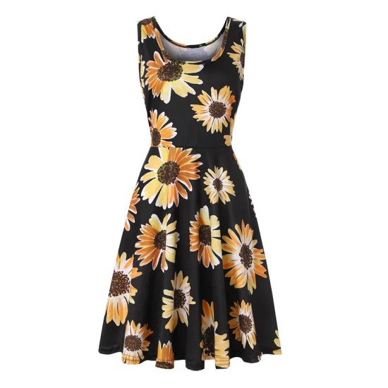 Women Fashion Casual Printed Round Neck Sleeveless Loose Dress