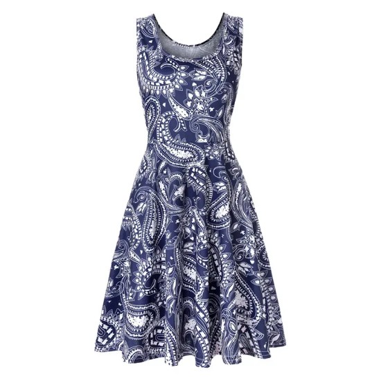 Women Fashion Casual Printed Round Neck Sleeveless Loose Dress