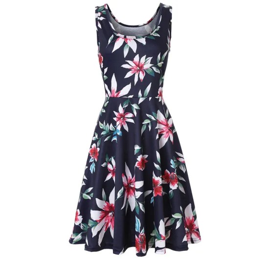 Women Fashion Casual Printed Round Neck Sleeveless Loose Dress