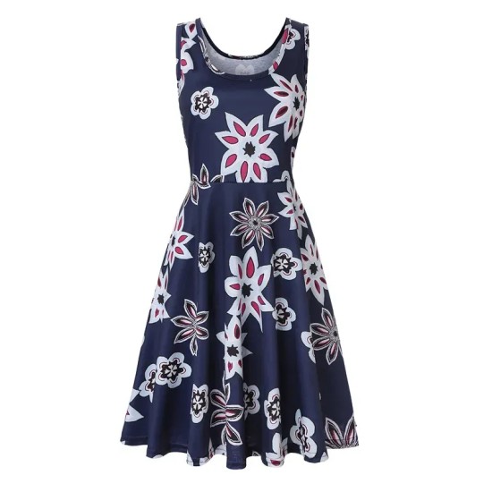 Women Fashion Casual Printed Round Neck Sleeveless Loose Dress