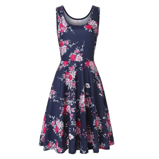 Women Fashion Casual Printed Round Neck Sleeveless Loose Dress