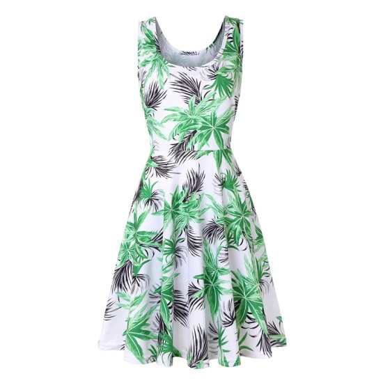 Women Fashion Casual Printed Round Neck Sleeveless Loose Dress