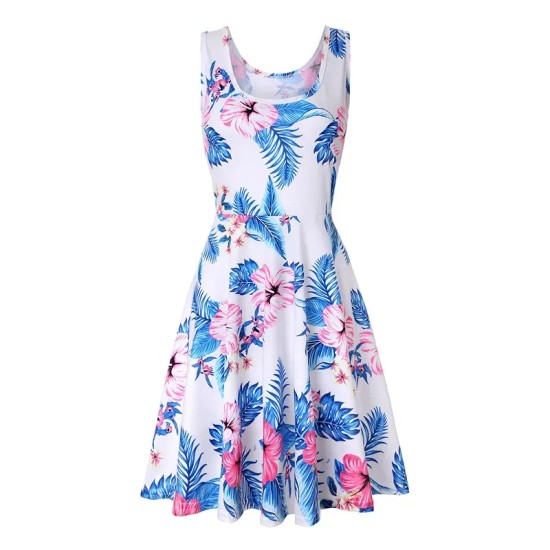 Women Fashion Casual Printed Round Neck Sleeveless Loose Dress