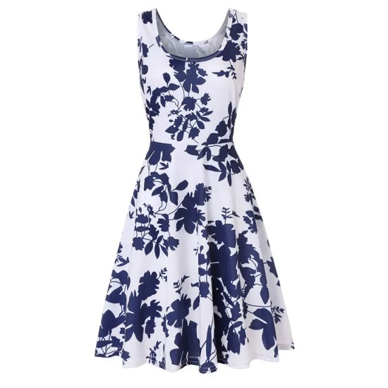 Women Fashion Casual Printed Round Neck Sleeveless Loose Dress