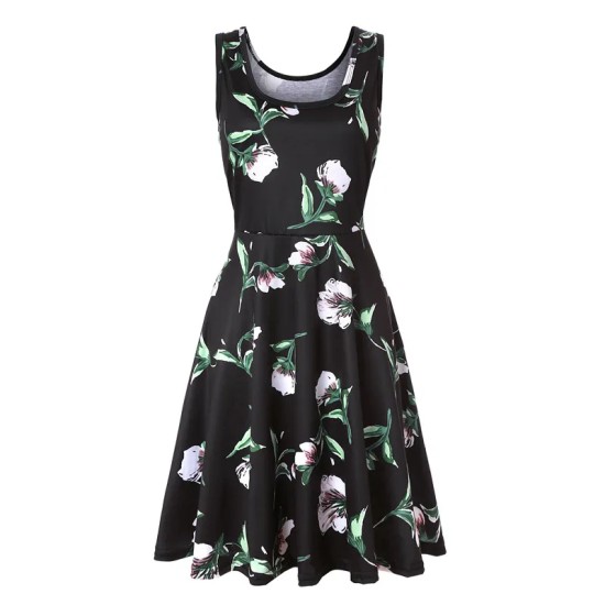 Women Fashion Casual Printed Round Neck Sleeveless Loose Dress