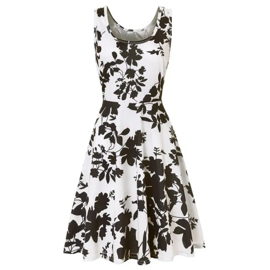 Women Fashion Casual Printed Round Neck Sleeveless Loose Dress