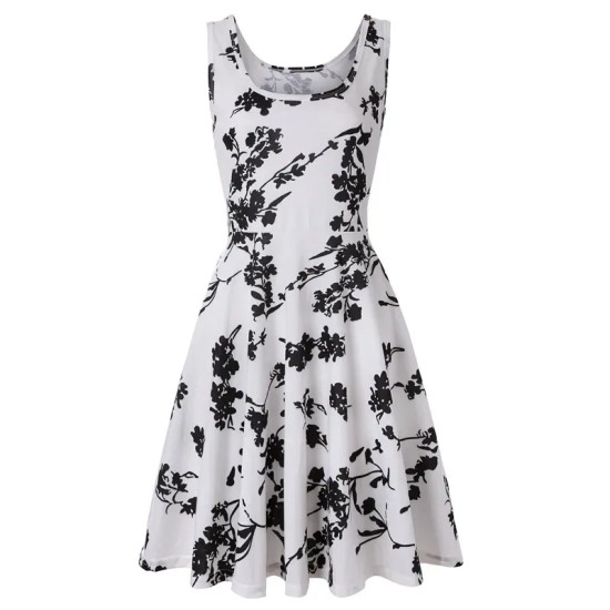 Women Fashion Casual Printed Round Neck Sleeveless Loose Dress