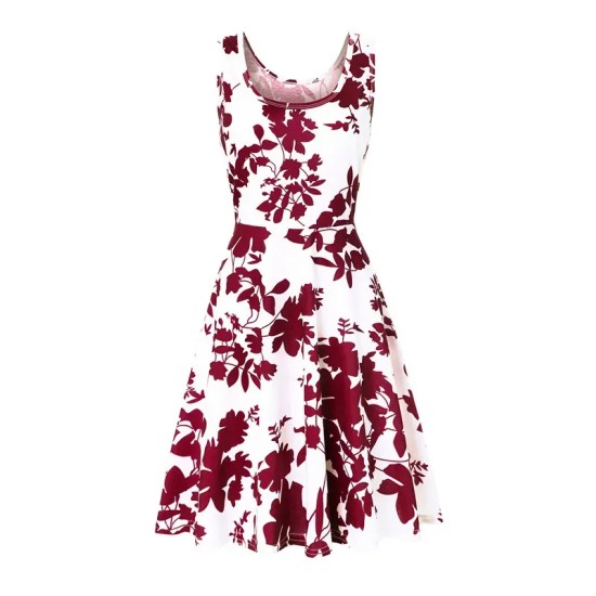 Women Fashion Casual Printed Round Neck Sleeveless Loose Dress