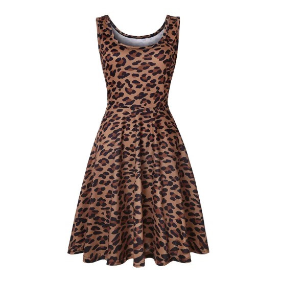 Women Fashion Casual Printed Round Neck Sleeveless Loose Dress