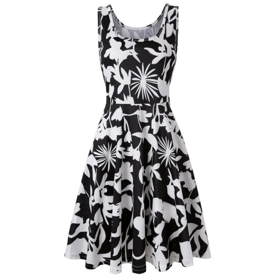 Women Fashion Casual Printed Round Neck Sleeveless Loose Dress