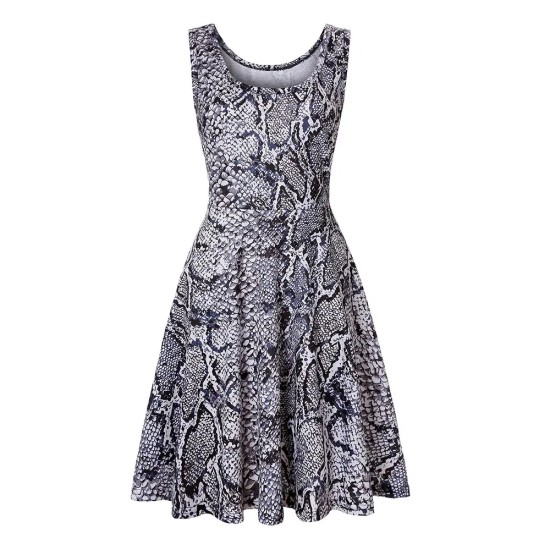 Women Fashion Casual Printed Round Neck Sleeveless Loose Dress