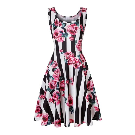 Women Fashion Casual Printed Round Neck Sleeveless Loose Dress