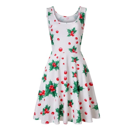 Women Fashion Casual Printed Round Neck Sleeveless Loose Dress