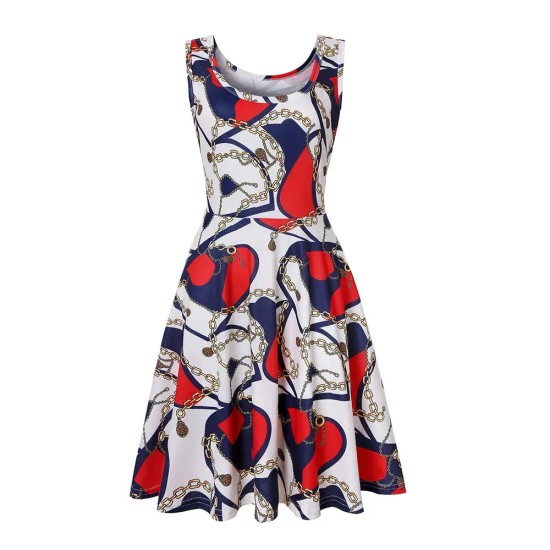 Women Fashion Casual Printed Round Neck Sleeveless Loose Dress