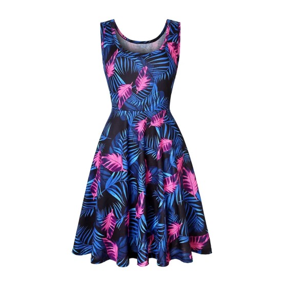 Women Fashion Casual Printed Round Neck Sleeveless Loose Dress