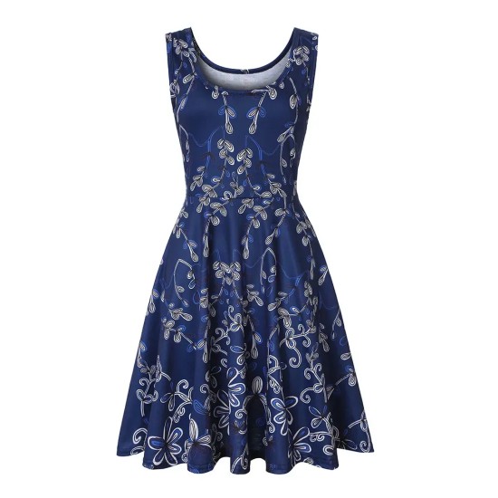 Women Fashion Casual Printed Round Neck Sleeveless Loose Dress