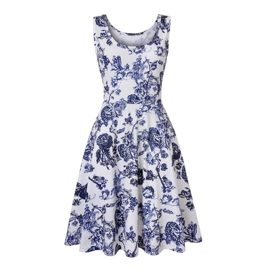 Women Fashion Casual Printed Round Neck Sleeveless Loose Dress