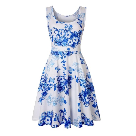Women Fashion Casual Printed Round Neck Sleeveless Loose Dress